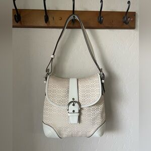 Coach Signature Jacquard Flap Shoulder Bag Ivory Cream Canvas Leather Crossbody